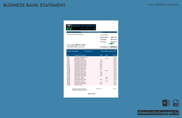 Beispielvorschau eines Kontoauszugs eines Unternehmenskontos der Bank of Africa (Word und PDF)